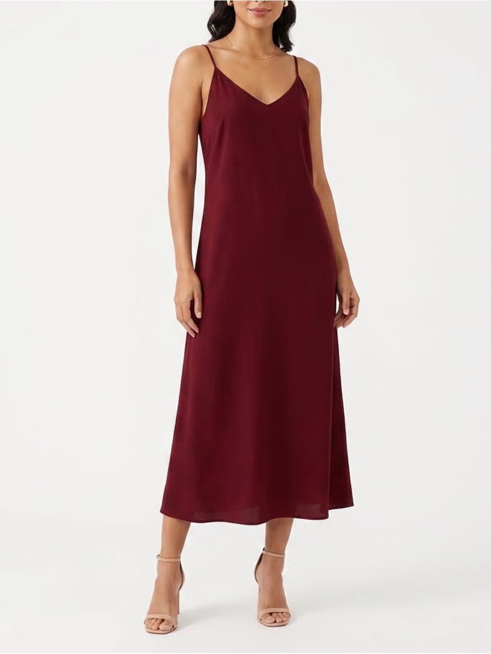 See You Monday Burgundy V-Neck Slip Midi Dress